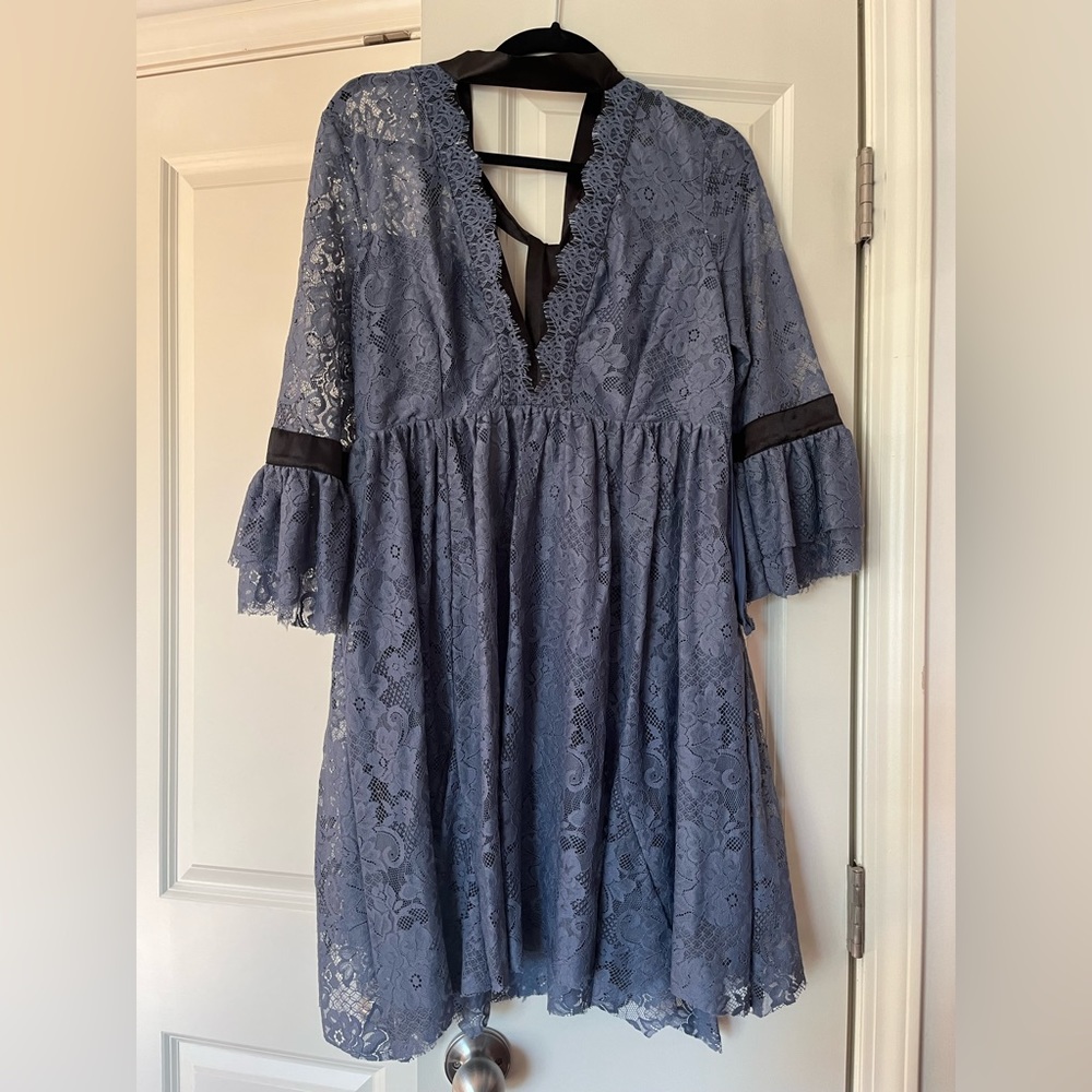 Free People lace blue dress, deep v cut neckline